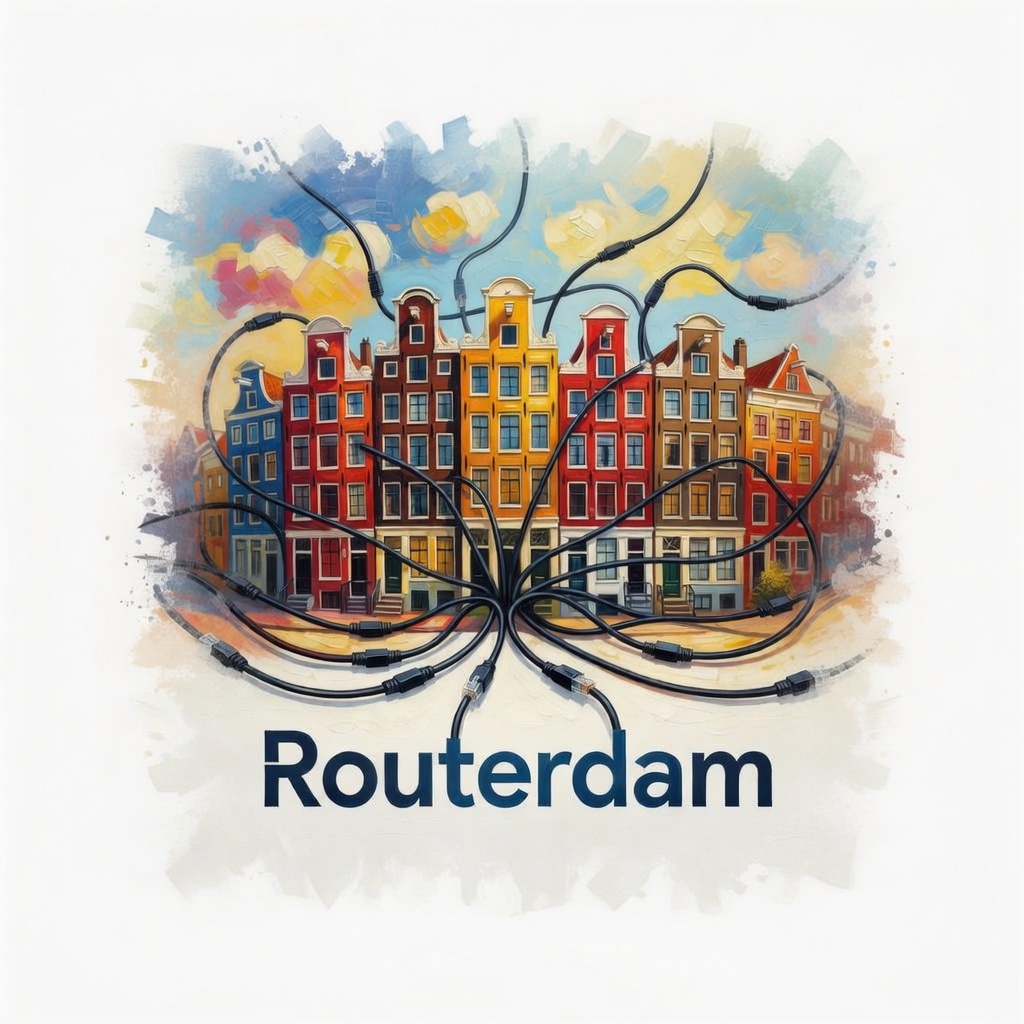Routerdam logo - colorful Dutch row houses connected by network cables